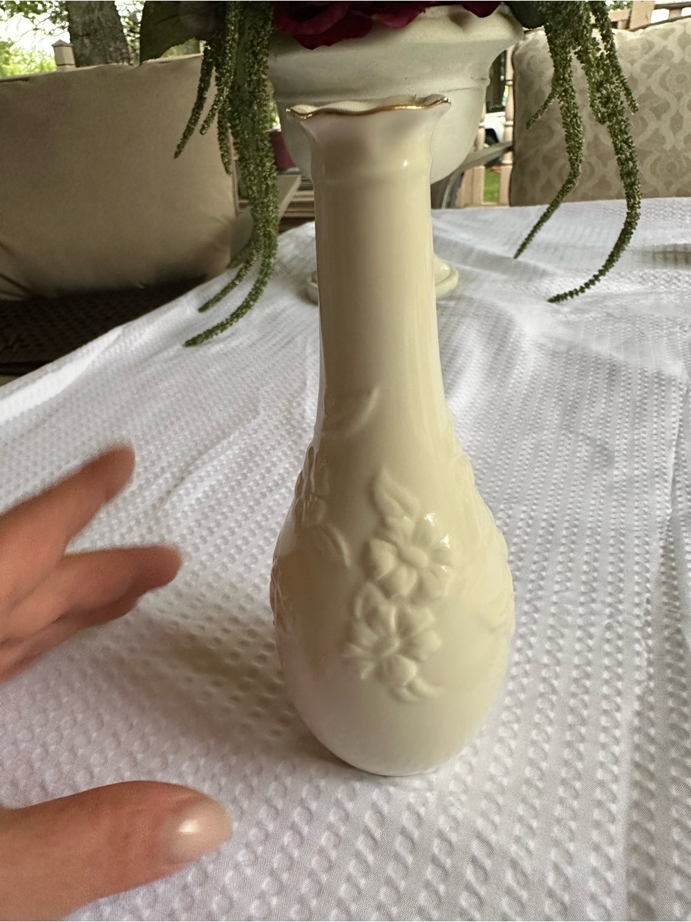Lenox Cream Floral Embossed Bud Vase with Gold Rim